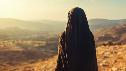 Algeria before colonization Islamic modesty values niqab veiled Algerian Muslim women wearing niqab and looking out into beautiful Algerian landscape with her back turned