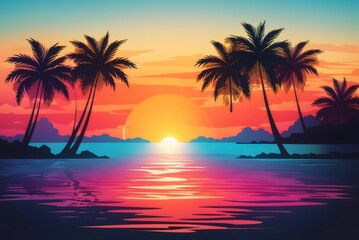 Ocean landscape with coconut trees in silhouette against sunset nature background
