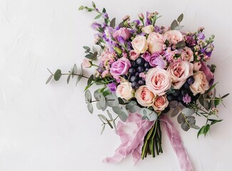 Poster - Bouquet of flowers roses, eucalyptus and blueberries in pink and purple colors with ribbon on white background