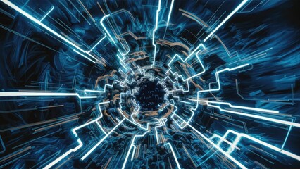 Futuristic energy tunnel featuring blue electric particles and hightech energy lines Abstract backdrop