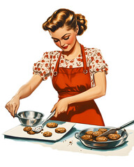 Wall Mural - Young woman wearing apron cooking on kitchen vintage illustration isolated on a white background