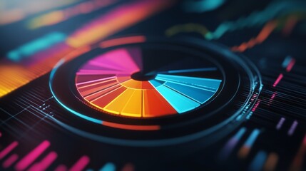 Leinwandbilder - A pie chart with vibrant, contrasting colors, representing a company's budget allocation on a digital screen.