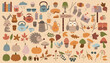 © Mirikiteki - Autumn vector elements set. Cozy fall stickers. Leaves, pumpkins, hedgehog, tea, coffee, cake, lamp, books. Elements of autumn season perfect for scrapbook, postcard, poster, invitation, sticker set.