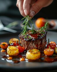 Poster - Close-up of a gourmet steak dish on a dark plate. A hand garnishes the steak with fresh herbs. High-end culinary art showcased with colorful vegetables. Suitable for food magazines and blogs. AI