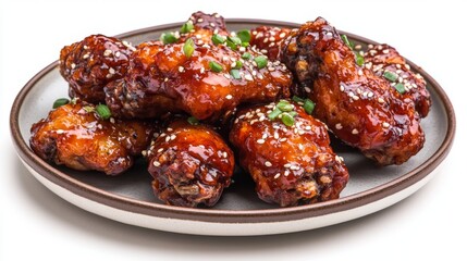 Wall Mural - A plate of Korean-style fried chicken wings, glazed with a sticky, spicy sauce, on a white background.