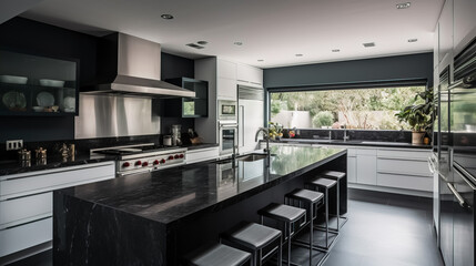 Wall Mural - Beautiful contemporary kitchen with white cabinetry and stainless steel appliances