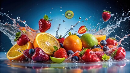 Splash of water on colorful fruit, fresh, vibrant, juicy, refreshing, healthy, tropical, organic, natural, close-up, summer