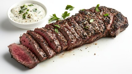 Canvas Print - A savory steak with a peppercorn crust, sliced thin and served with a side of creamy horseradish sauce on a white background.