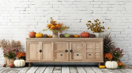 Sticker - Wood cabinet with fall flowers and pumpkins by white brick wall