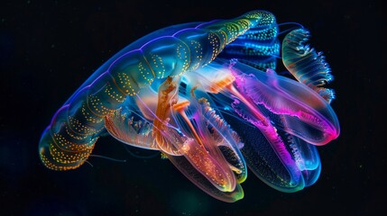 Wall Mural - Stunning neon-colored jellyfish in dark water. Abstract digital art showcasing bioluminescence. Perfect for modern designs and aquatic themes. High-resolution AI-generated image. AI.