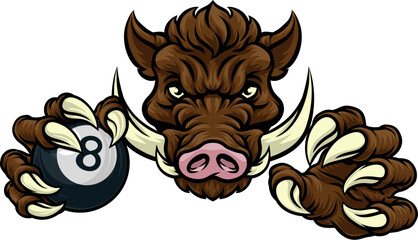 Poster - A wild boar, hog razorback warthog pig mean tough cartoon sports mascot holding a pool black eight ball