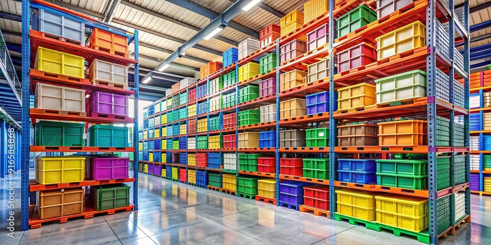 Rows of metal shelves lined with stacks of colorful storage boxes ...
