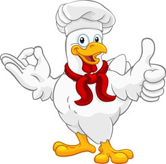 Poster - A chef chicken rooster cockerel cartoon character mascot doing a chefs okay perfect hand sign and thumbs up