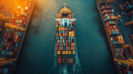 Cargo ship container viewed from an aerial view of the freight shipping transport system. Business concepts related to international transportation, logistics, and transportation industries.