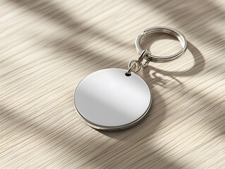 Minimalist white keychain mockup placed on a light wooden surface with subtle reflections