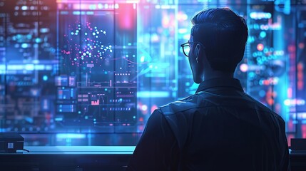 Cyberpunk Hacker Looking at Data Screens