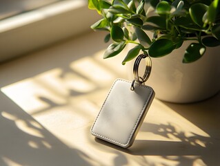 Minimalist white keychain mockup displayed on a neutral surface with soft, natural lighting