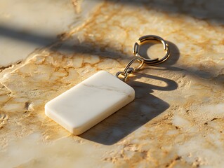 Minimalist white keychain mockup displayed on a neutral surface with soft, natural lighting