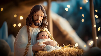 A man dressed as Jesus is holding a baby in a manger