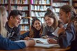 © YURIMA - A group of students collaborate in a library, focusing on academic pursuits, studying together with educational materials and books to enhance shared learning in a scholarly environment