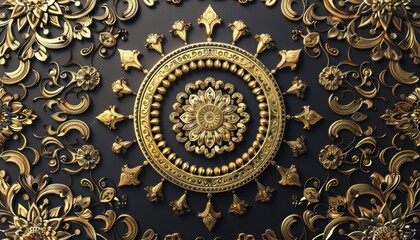 Golden floral bas-relief forming a mandala pattern on black background