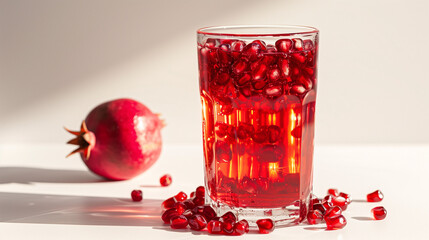 Wall Mural - Fresh and healthy pomegranate juice a crystal-clear glass filled with fresh pomegranate juice, the vibrant red liquid contrasting against a clean white background