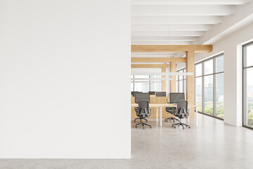 Wall Mural - Empty wall mockup next to modern office interior with windows. 3D Rendering