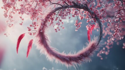 Wall Mural - Pink Furry Hoop Hanging from a Branch with Red Feathers