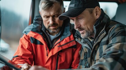 Wall Mural - A truck driver and a colleague reviewing delivery routes and schedules using a tablet