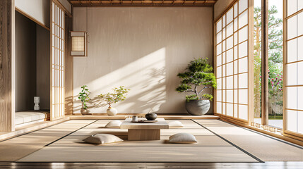 A serene and minimalist Japanese-style room with a tatami mat floor, a low wooden table, and white cushions. Sunlight streams through the sliding doors, illuminating the space. The room is decorated w