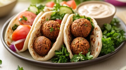 Wall Mural - Falafel Pita with Fresh Salad and Tahini Sauce