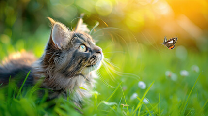 Wall Mural - cute cat in green grass, with butterfly