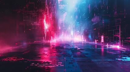 Poster - Abstract digital glitch art with neon blues and pinks, displaying fragmented and pixelated patterns, set on a dark background. Emphasis on high contrast and light bursts, influenced by retro-futurism,