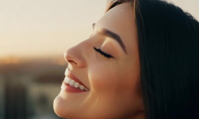 Wall Mural - Portrait of a beautiful young woman with closed eyes and smile.