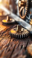 Wall Mural - Close Up of Gears and Cogs on Wood Background.