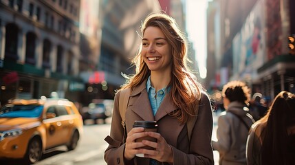 Wall Mural - A photo of a happy business woman holding a coffee cup and looking at her phone while walking down the street