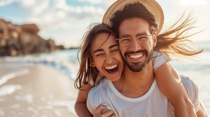 Happy young woman and her boyfriend at the beach, laughing and having fun together on vacation in nature