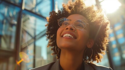 Wall Mural - Happy business woman in glasses smiling and looking away while standing against glass building outside