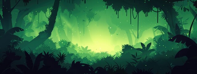 Wall Mural - Green cartoon forest background, dark, simple