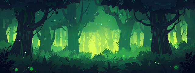 Wall Mural - Green cartoon forest background, dark, simple