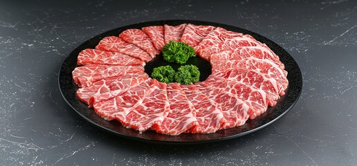 Wall Mural - Fresh raw beef short rib slices on black plate for korean barbecue or yakiniku.