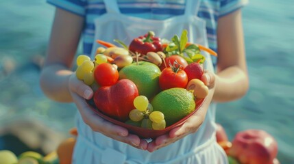 Happy little girl wearing school uniform holding fresh vegetables and fruits in heart-shaped bowl, educating child to eat healthy