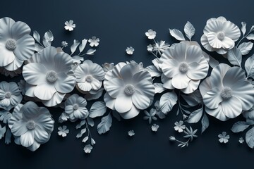 Wall Mural - An elegant floral wallpaper with a bunch of leaves and flowers in 3D on a black background