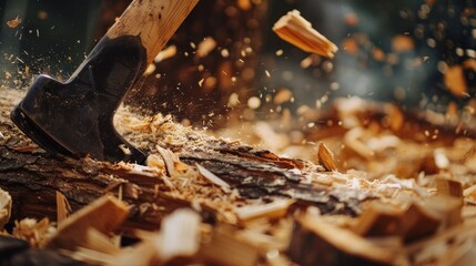 A wood splinter is being chopped by a large axe