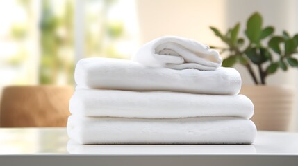 White towels neatly rolled on a white table, ample copy space, blurred living room backdrop