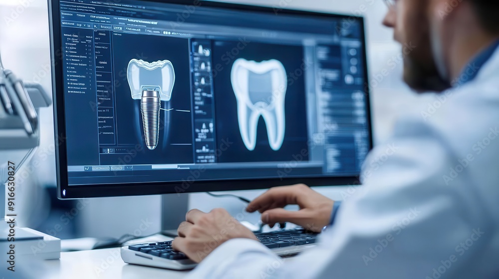 Dental Computer Rpogram Dentist adjusting virtual dental implant on a computer screen ...