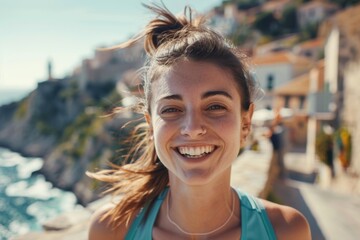 Wellness and spirit combine she runs cheerfully open air. Exploring coastline she embodies youth and casual morning energy. Her joyful beach jog represents embrace of nature and inner peace.