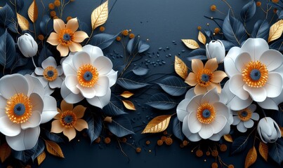 An elegant floral wallpaper with a bunch of leaves and flowers in 3D on a black background