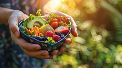 Hands holding a heart-shaped bowl filled with fresh fruits and vegetables, the sun shining brightly in the background, there are lush green plants all around conveying health and freshness