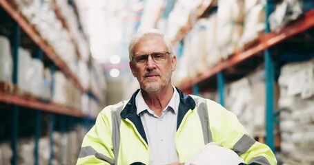 Poster - Logistics, mature man and helmet in factory for inspection, stock control and supply chain management. Cargo, supervisor and portrait with smile for maintenance, warehouse storage and export safety